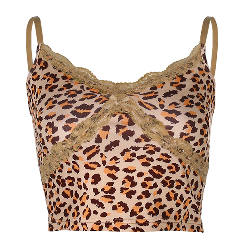 HEYounGIRL Patcwhork Lace Leopard Spaghetti Strap Top Sleeveless 90s Crop Tee Frill Sexy Cami Summer Streetwear 220316