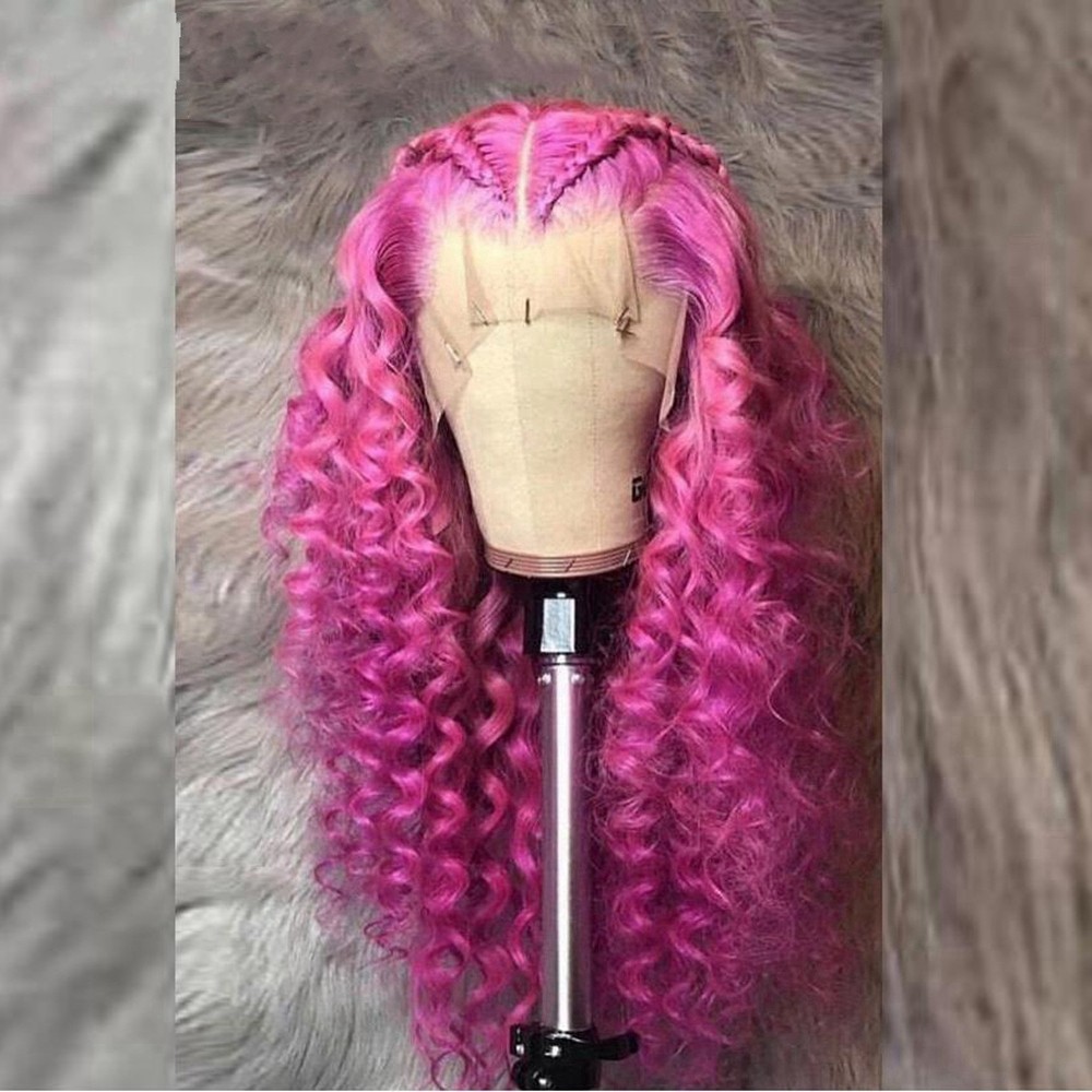 Free shipping Transparent Kinky Curly Frontal Wig 13x4 Rose Pink Color Brazilian Wigs for Women Synthetic Lace Front Heat Resistant