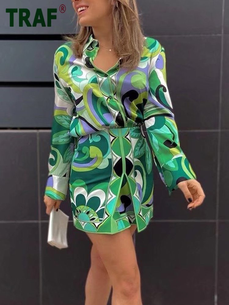 TRAF Green Print Short Skirt Women Retro High Waist Mini s Womens Summer Beach Woman Fashion Streetwear 220427