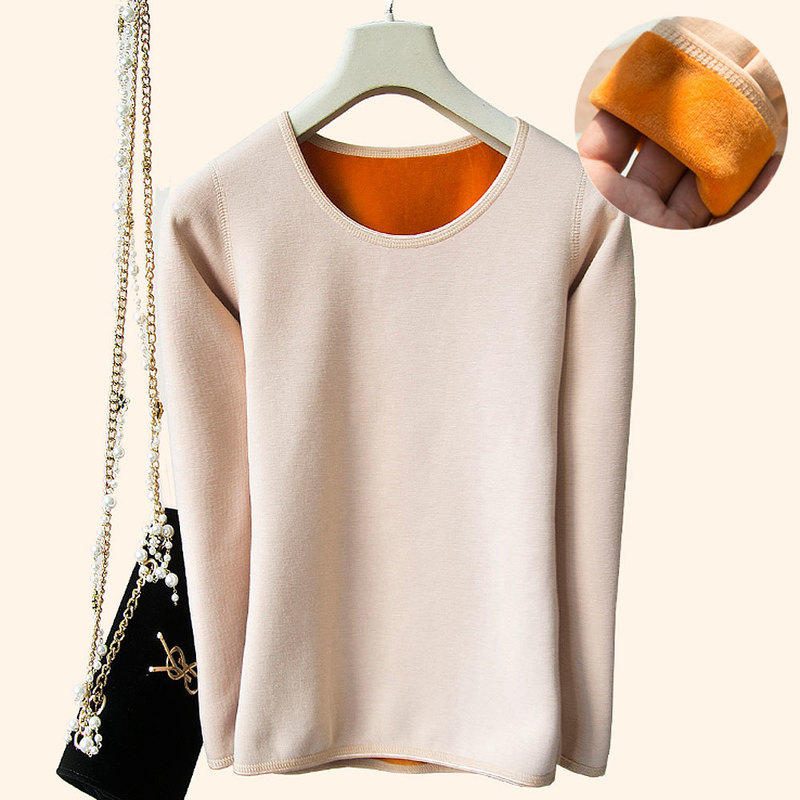 Winter Women Long Sleeve Top Warm T-Shirt Thicken Plus Velvet Thermal Underwear Casual O Neck Slim-Fit Soft Bottoming Shirt 220321