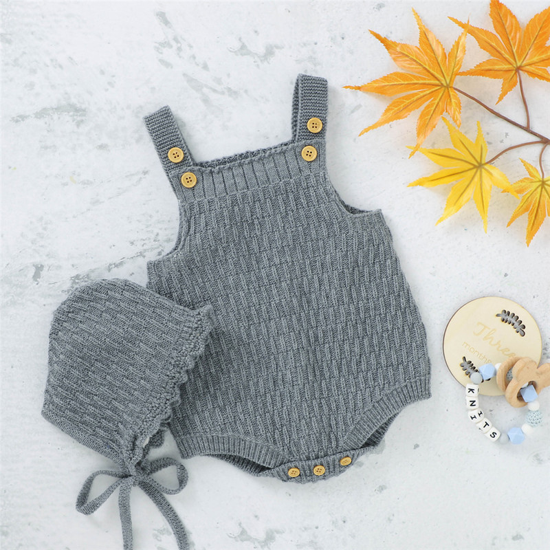 2Pcs Knitted Romper Clothes Set Cotton Triangle Crotch Button OnePiece JumpsuitHats Toddler Baby Boys Girls Outfits 220607