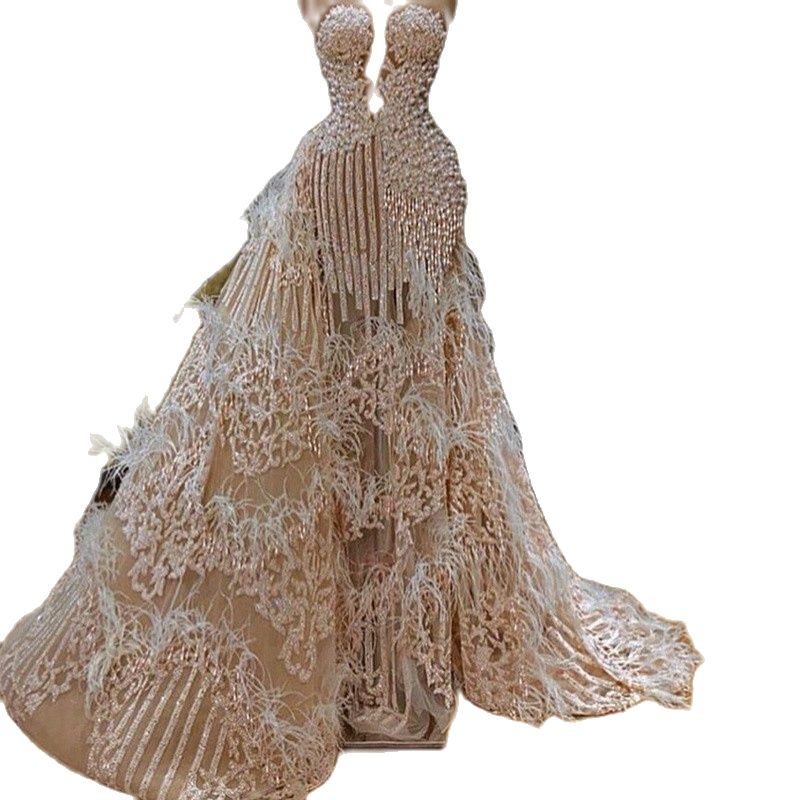 Champagne Ball Wedding Dresses Strapless Sleeveless V Neck Sequins Appliques Pearls Feather Ruffles or Length Bridal Gown Vintage Plus Size robes de s