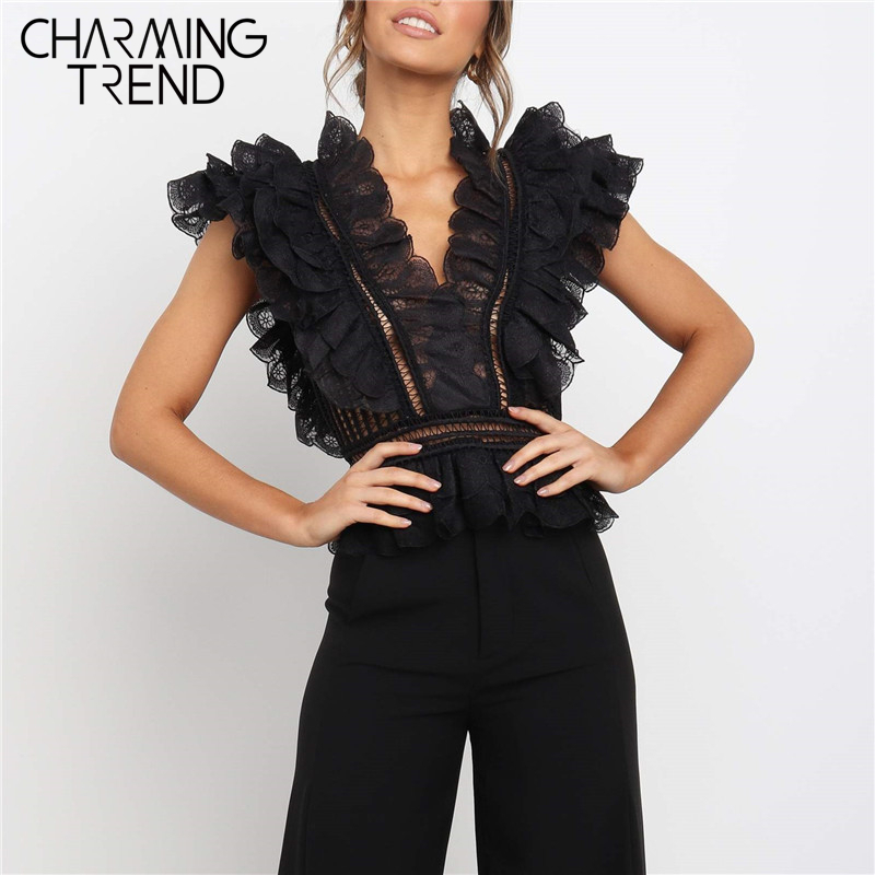 Women Lace Tanks Tops Openwork V-Neck Backless Sleeveless short Summer Black Banquet Elegant Female Party Caim 220325