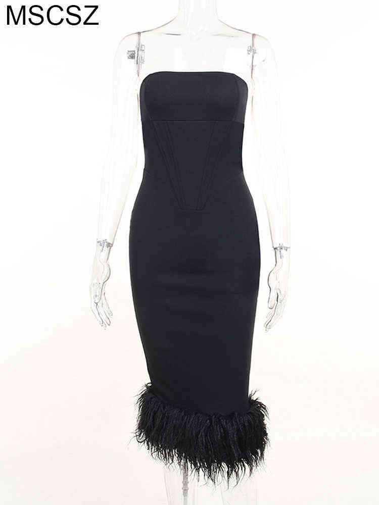 2022 Women Elegant Black Party Dresses Strapless Backless Bodycon Summer Dress Sexy Corset Top Midi Dress With Feather T220816