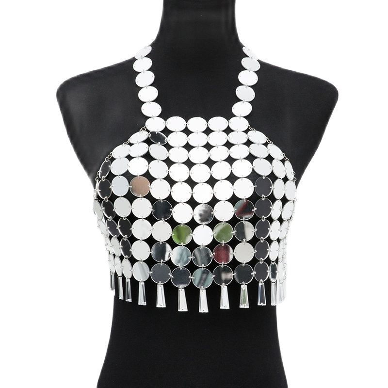 Halter Sleeveless Sequins Backless Top Camis Solid Geometric Circle Patchwork Fringe Hollow Out Cropped Party Camisole 220325