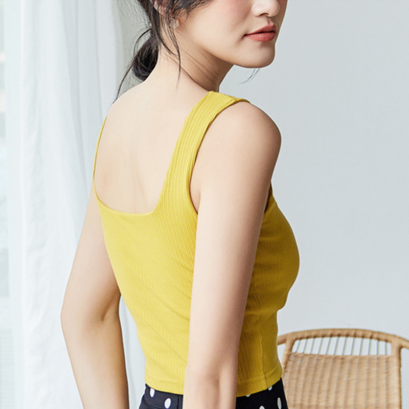 Women's Tank Tops Built-in Bra Bra-Top Elastic Modal Twill Vest Camisoles Camis Square Neck Sleeveless Sexy Casual Female 220325