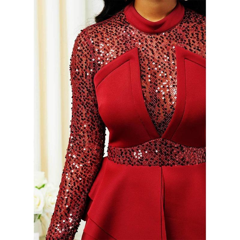 Women's Casual Sequin Long Sleeve Bodycon Vintage Party Dress, Polyester, Ruffles, Navy Blue, Plus Size, A-E, Spring