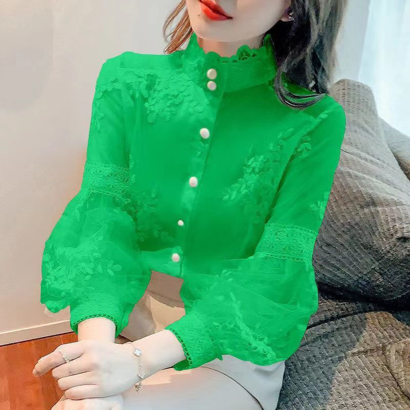 Elegant Sweet Lace Patchwork Solid Chiffon Shirts Spring Summer Stand Collar Long Lantern Sleeve Cardigan Women s Clothing 220810