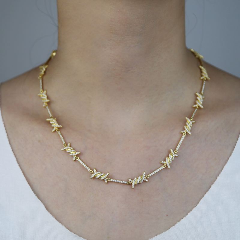 Gold & Sier Barbed Wire Iced Out Tennis Chain Necklace for Men Women Hip Hop Punk Jewelry