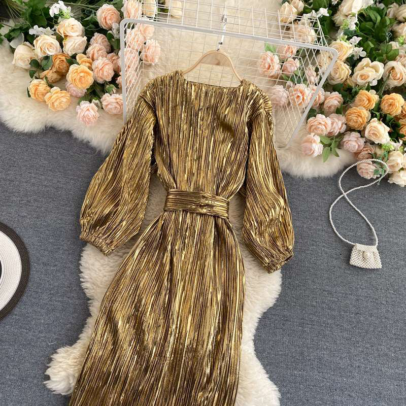 Gold Shimmer Wavsiyier High Waist Boho Luxury Evening Party Dresses Women Runway Long Sleeve Elegant Dress Autumn Spring 220721