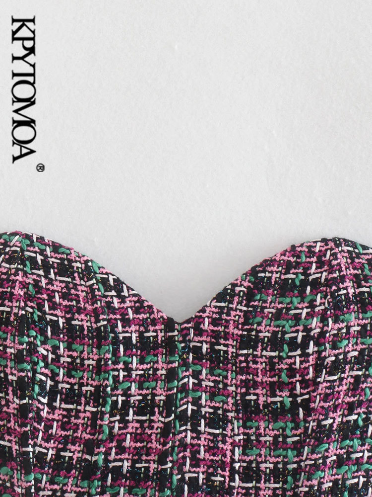 KPYTOMOA Women Fashion With Sweetheart Neck Tweed Tank Tops Vintage Backless Zipper Female Camis Mujer 220325