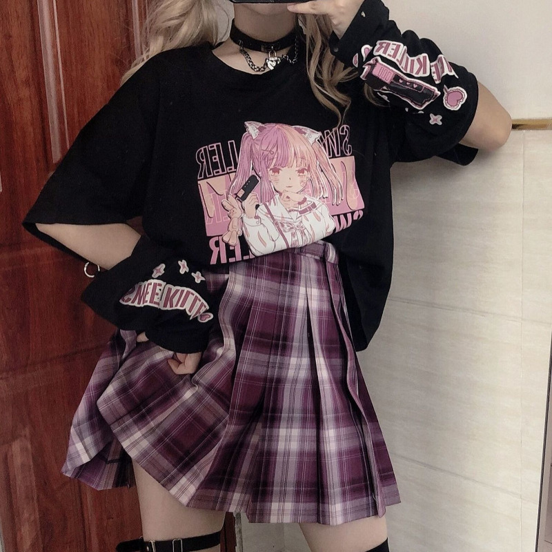 HOUZHOU Anime Print Graphic T-shirt Women Summer Goth Top Mujer Split Sleeves E Girl Y2k Clothes Aesthetic Harajuku Kawaii Tees 220321