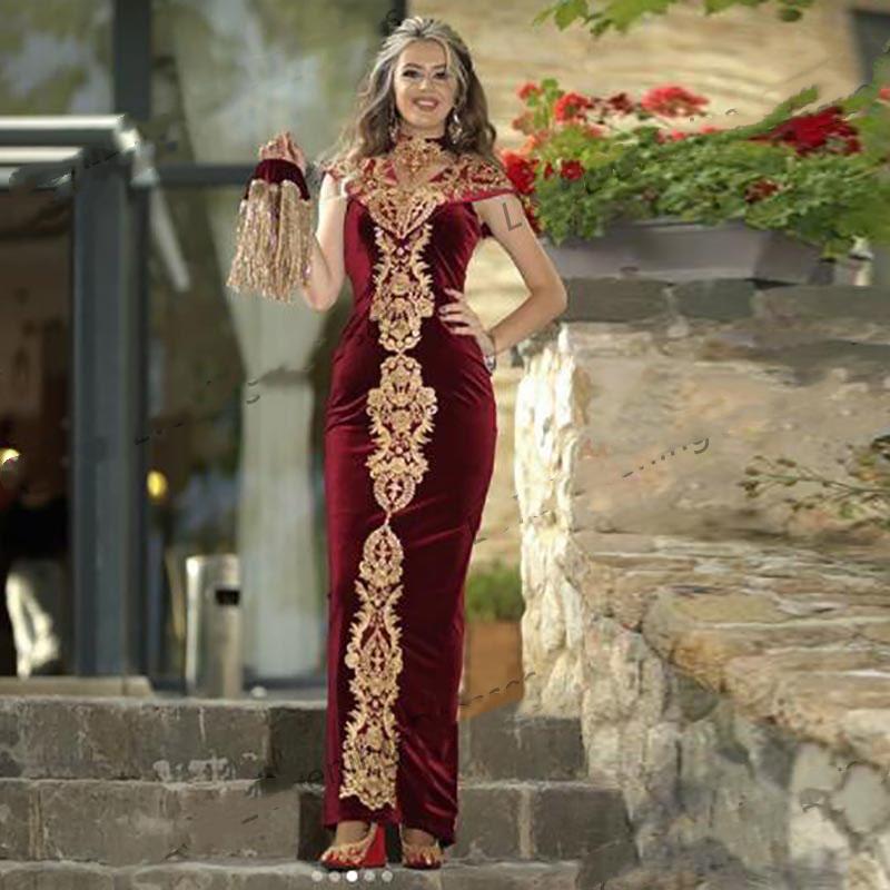 Elegant Kaftan Burgundy Velvet Evening Dresses Arabic Dubai Robes de soiree 2 Pieces Set Cap Sleeve V-Neck Formal Party Gowns Women Reception Dress Pr