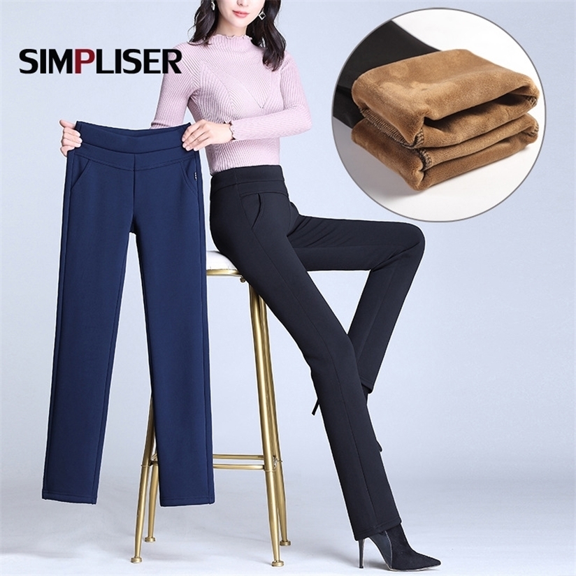 Elastic High Waisted Women Trousers Plus Size 4XL Ladies Office Work Pants Stretch Female Warm Velvet Black Blue Red 220325