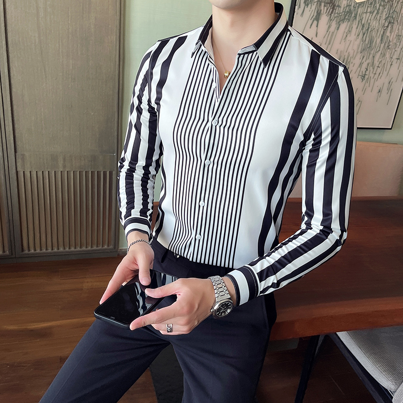 Autumn Long Sleeve Casual Shirts Fashion Striped Flower Male Business Formal Dress Slim Streetwear Blouse 220322