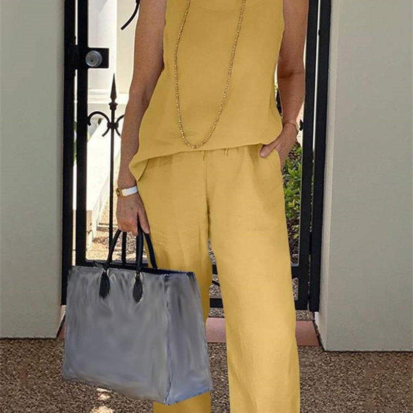 ZANZEA Cotton Matching Sets Women Casual Sleeveless Wide Leg Trouser Pant Sets Retro Solid Baggy Suits Summer Oversize 2PCS 220602