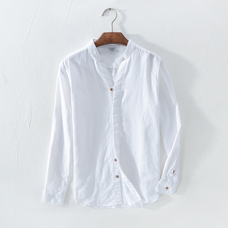 Cotton Linen Casual Shirts For Men Basic Classic White Shirt Autumn Male Long Sleeve Stand Collar Breathable Men's Clothing 220322