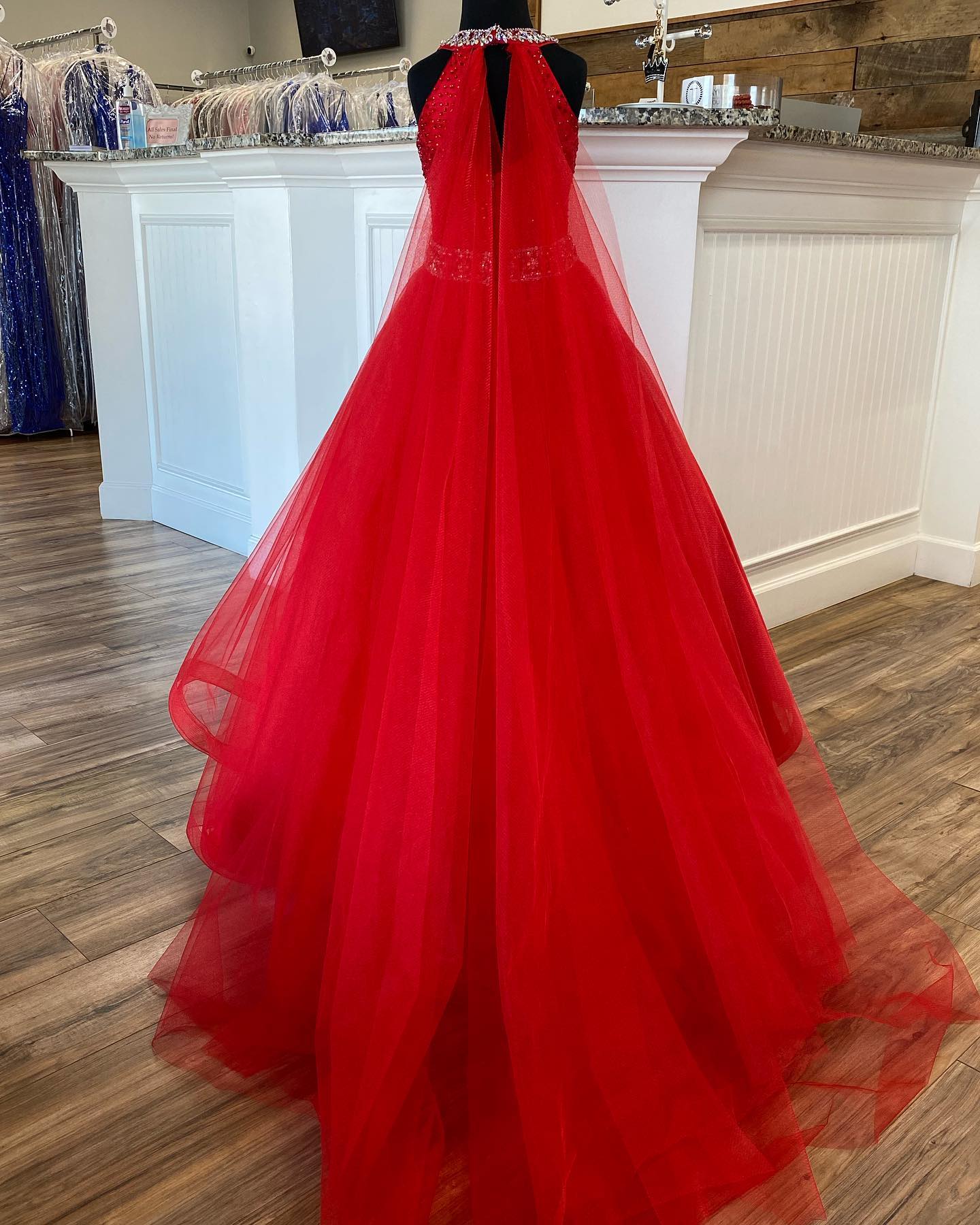 Crystals Girl Pageant Dress 2022 Ballgown AB Stone Red Organza little Kid Birthday Formal Party Gown Toddler Teens Preteen with Tulle Cape Halter Neck