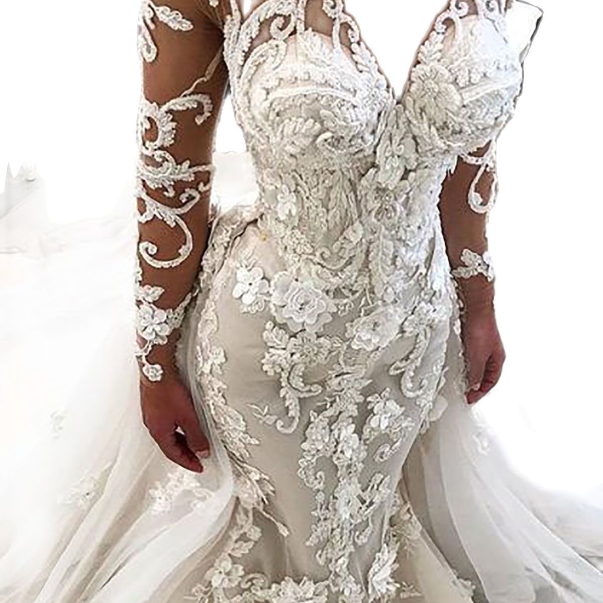 3D Flowers Mermaid Wedding Dress Sexy Sheer Neck Long Sleeve See Through Back Bridal Robes