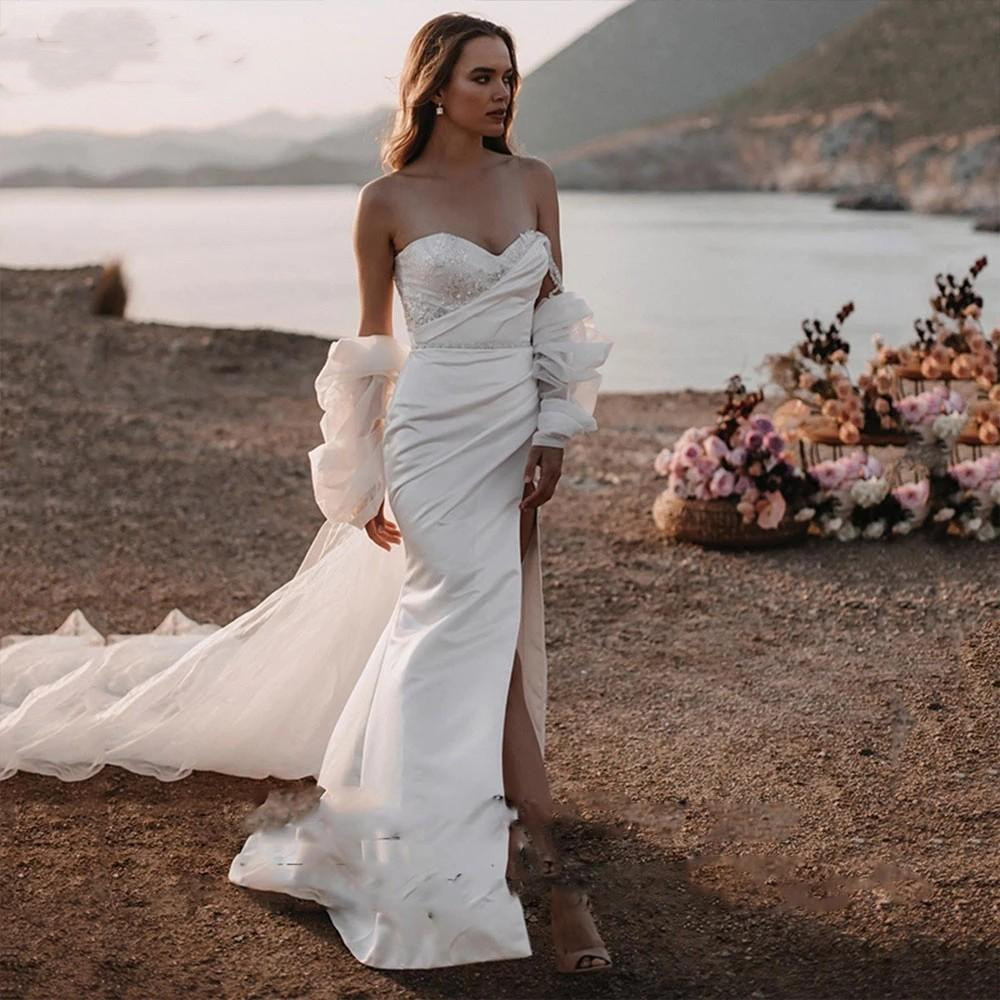 Elegant Sweetheart Mermaid Wedding Dresses Long Sleeves Tulle Cape Satin Bow Tie Appliqued Backless Strapless or Length Shawl Custom Made Vestidos De 