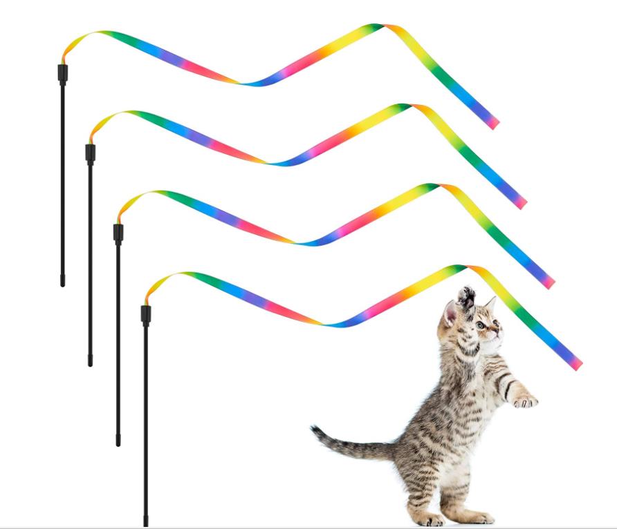 Cat Rainbow Wand Toys Interactive Pet Teaser Catcher Stick String Ribbon Bell Charmer for Kitten Training Exerciser 23.6inch 47inch