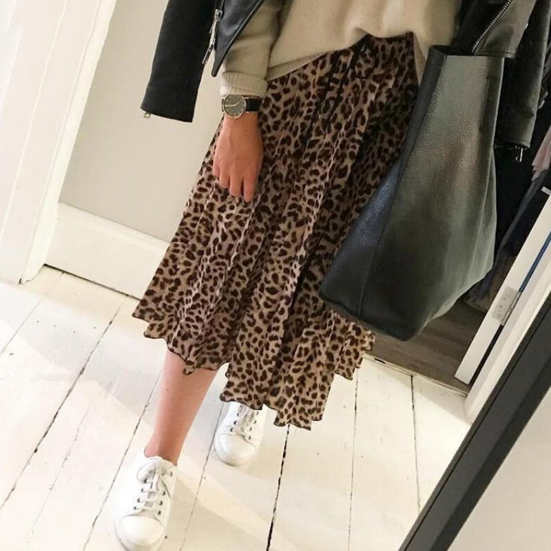 Jocoo Jolee Skirt Women Leopard Print Pleated Skirts Vintage Drawstring Elastic Waist Midi Skirts Casual Korean A Line Skirt 220701