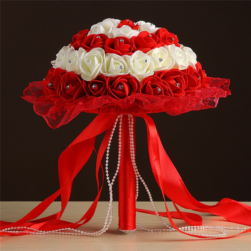 Bridal Wedding Ribbon Beaded Holding Flower Foam Simulation Flower White Rose Bouquet Multicolor
