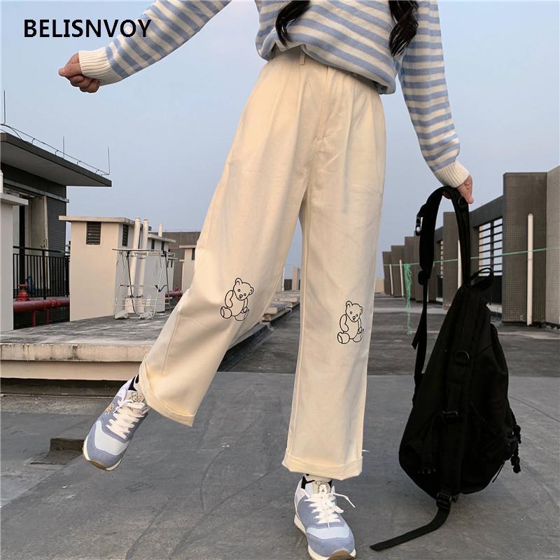 Japanese Kawaii Harajuku Teen Girls Loose Bear Embroidery Wild Leg Baggy Pants Casual Female Sweet Cute Sweatpants Trousers 220325