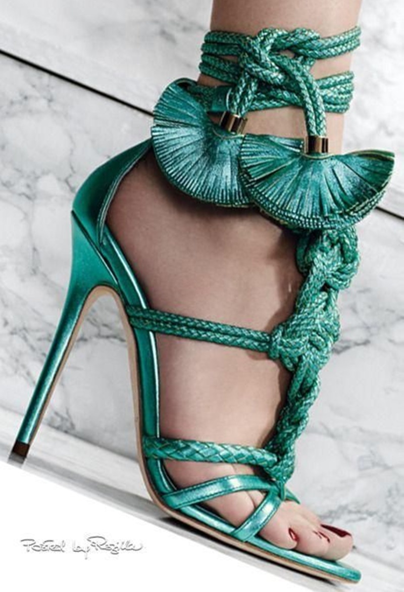Sexy Rope Knot High Heel Sandals Braided Straps Cut Outs Summer Shoes Lace-up Stiletto Heels Gladiator Pink Brown Green 220328