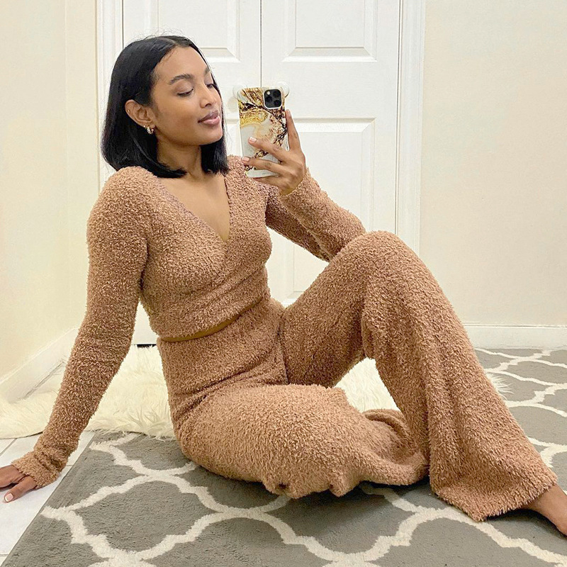 Fashion Fleece Fuzzy Cozy 2 Piece Pant Sets Women sexy Cross Tie Up Long Sleeve Crop Top and Pants Winter Clothes Loungewear 220315