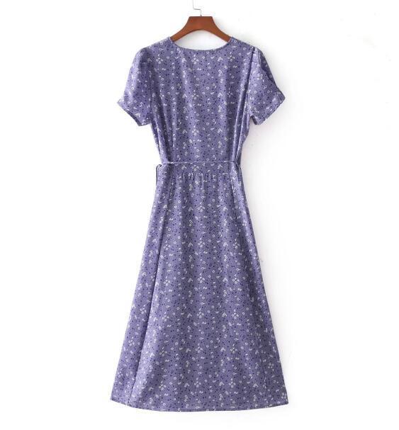 French Cross V neck Floral Print Wrap Dress Woman Lacing up Waist Slit Mid Long Slim Fit Summer Dresses 2 colors 220511