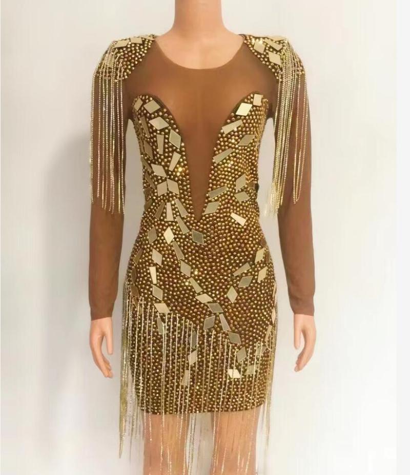 Stage Wear Gold Mirrors Rhinestones Chains Mesh Dress Transparent Birthday Party Celebrate Fringes Costume Performance Dance OutfitStage, Silver
Stage Wear Gold Mirrors Rhinestones Chains Mesh Dress Transparent Birthday Party Celebrate Fringes Costume Performance Dance OutfitStage, Silver