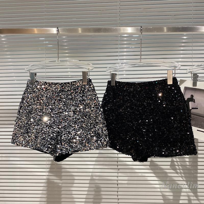 Whole Body Sequins Shorts Women Autumn Shiny Zipper Nightclub Short Femme Slim Fit Sliver Black 220415