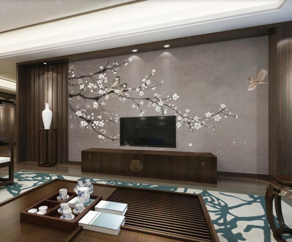 Wall covering custom wallpaper mural new Chinese style hand-painted plum TV sofa bedroom background wall