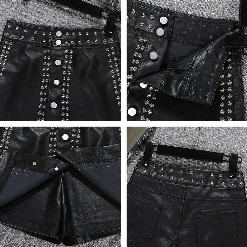 Women's High Waist A-Shaped Leather Shorts With Rivet Detail - Black