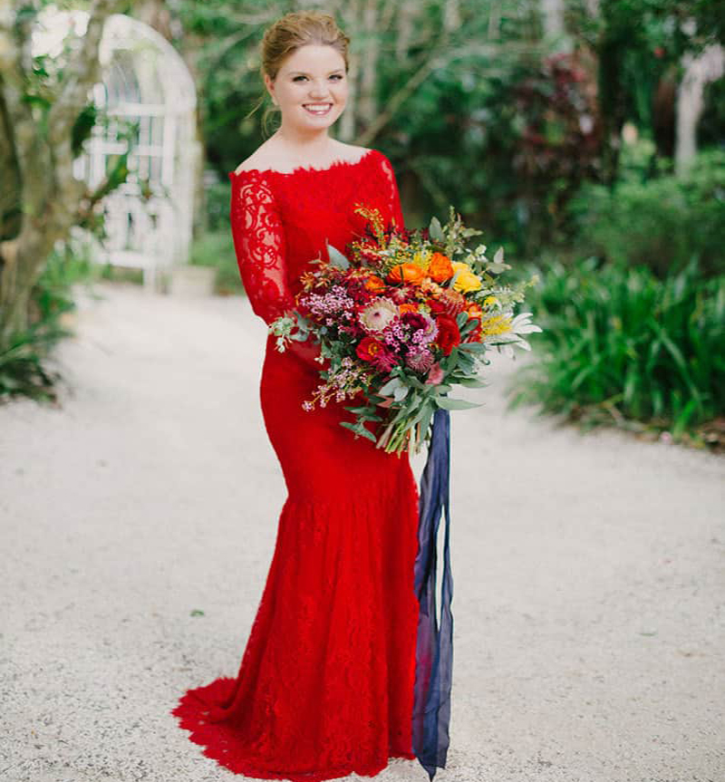 Elegant Lace Boho Red Wedding Dress 2022 Chic Off The Shoulder Long Sleeve Mermaid Wedding Dresses Civil Hippies Gothic Bride Country Bridal Bohemian 