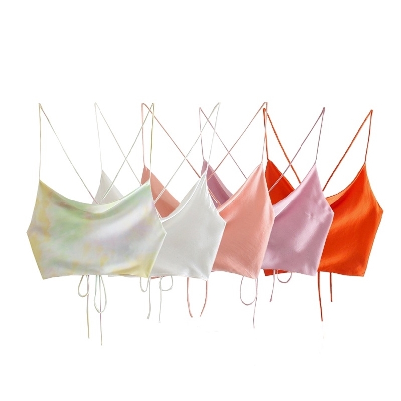TRAF Top Women Satin Woman Orange Summer Crop Female Backless Pink White Straps Sleeveless Sexy Tanks Camis 220316
