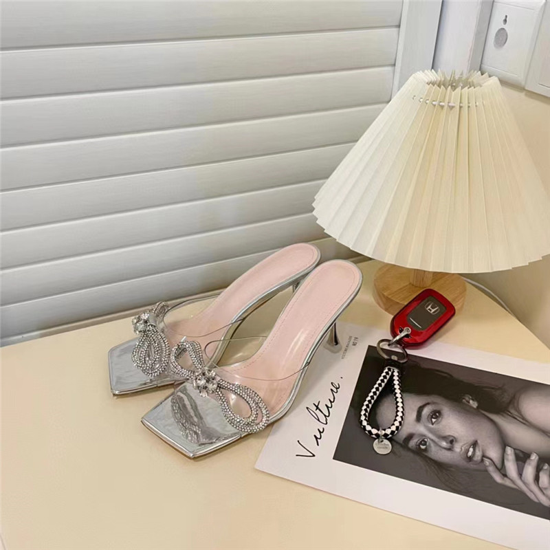Summer Woman Square Head Sandals Rhinestones Bow High Heels MM Crystal Double Bow Tie Sandal Party PromHeels Size 35-40