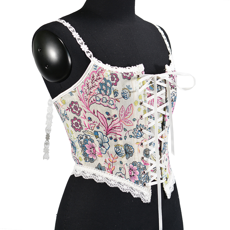 Women Floral Lace Camis Cropped Corset Fashion Linen Flower Printed Tanks Vintage Plastic Boned Overbust Bustier Tupe Tops Cyber Baby Tee Ropa Fairyco