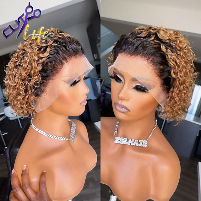 Pixie Cut Short Bob Curly Lace Frontal Human Hair Wig Transparent Deep Wave Lace Front Wigs For Women