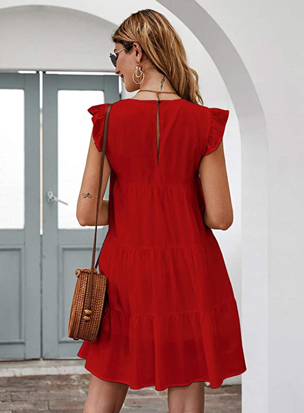 Women Summer Casual Dresses Sleeveless Ruffle Sleeve Round Neck Mini Dress Solid Color Loose Fit Short Flowy Pleated Dress