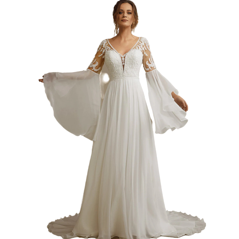 2022 Boho A Line Chiffon Wedding Dress Flare Long Sleeve Country Bridal Gowns Lace Appliques Illusion Open Back Chic Summer Bride Dresses Custom Made