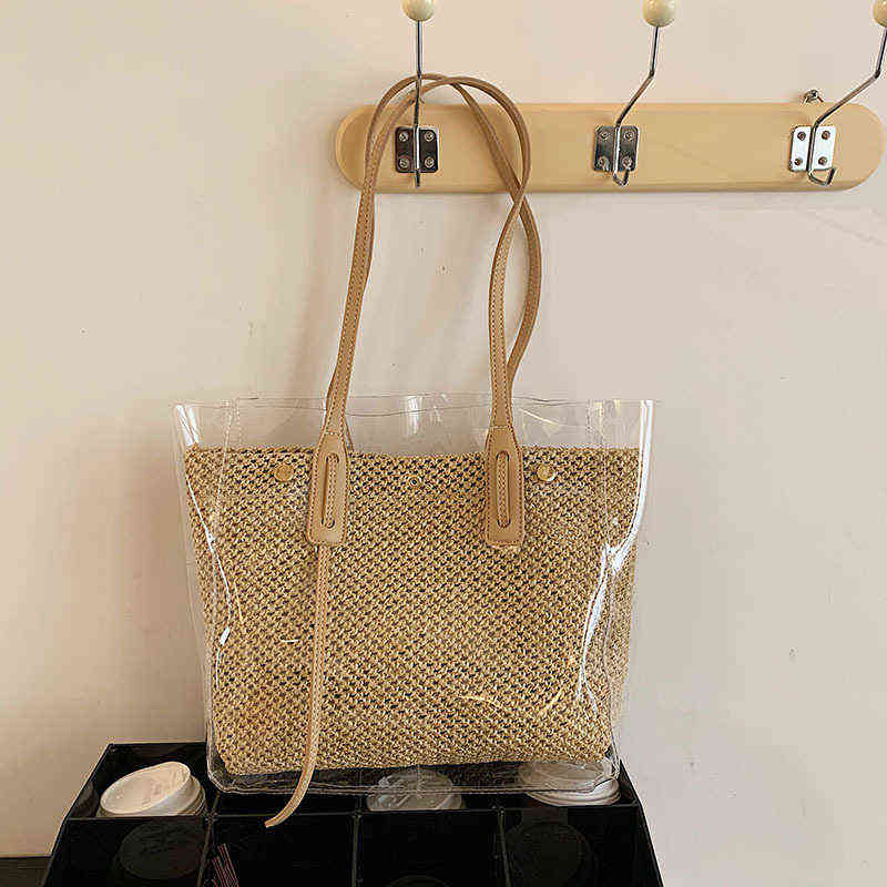 Beach Bags Large Capacity Women's Bag Summer Pvc Transparent Plastic Leisure Shoulder Simple Temperament Straw 220301