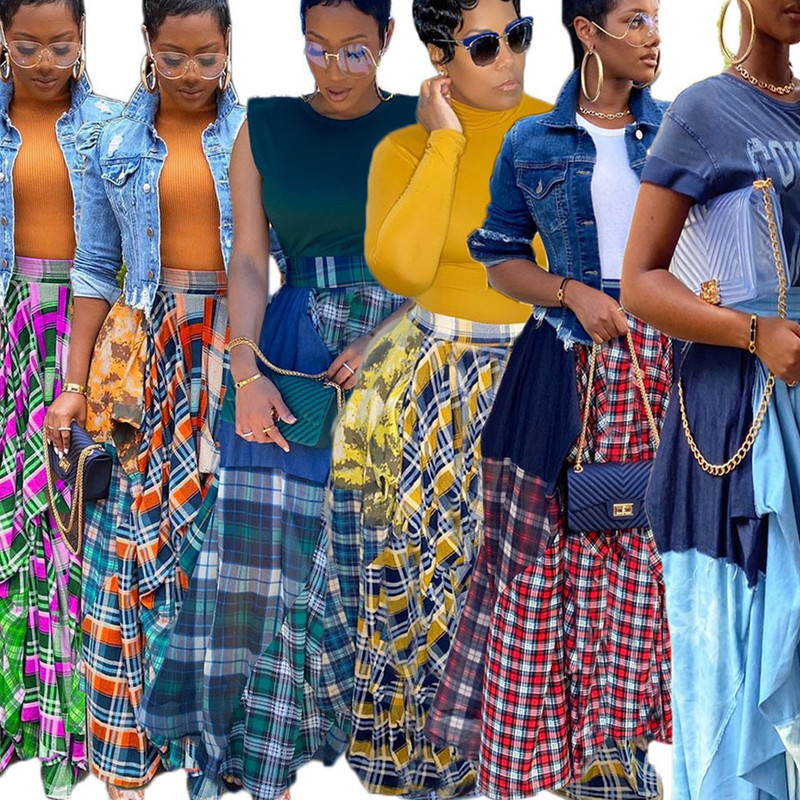 Plaid Checkered Tie Dye Patchwork Pleated Skirt Women Vintage High Waist Ruched Maxi Summer Female Floor Length s 220317