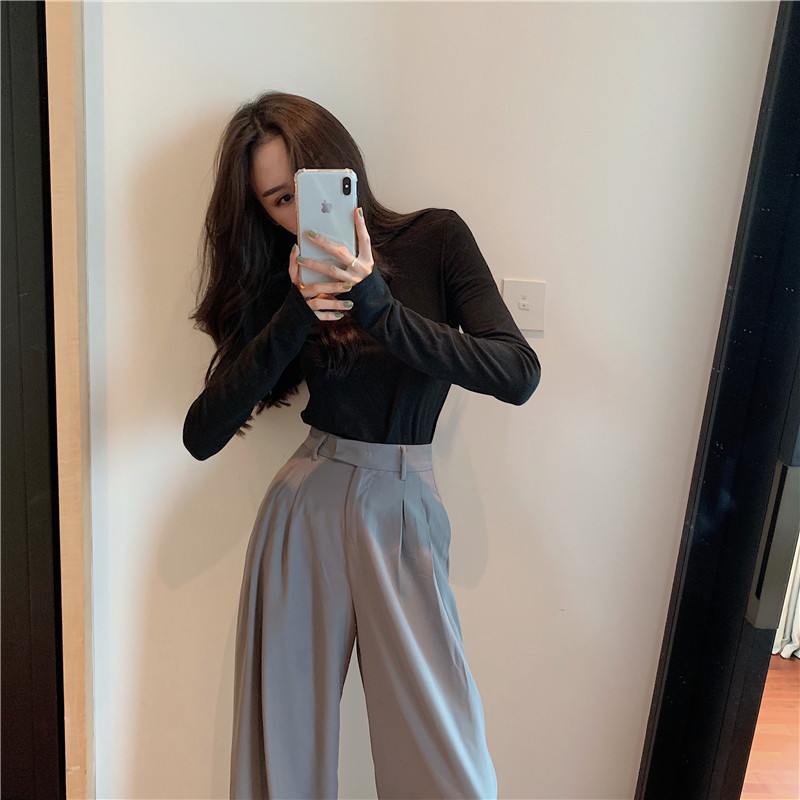Women Loose Summer Pants Soft Ice Silk Ankle-Length Black Wide Leg Grey Khaki High Waisted Trousers stacked pants 220325