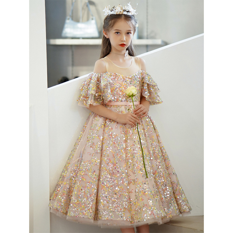 2023 Flower Girls Dresses Sheer Neck Long Sequined Hand Made Flowers Kids Formal Birthday Party Wear Lace Satin Girl Dress for Wedding