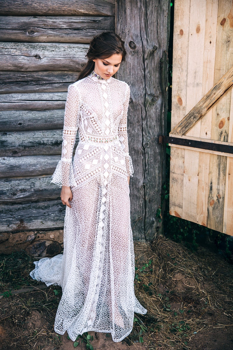 Vintage Corchet Cotton Lace Mermaid Wedding Dresses 2022 High Neck Long Sleeve Hippie Beach Bohemian Bridal Dress Robes