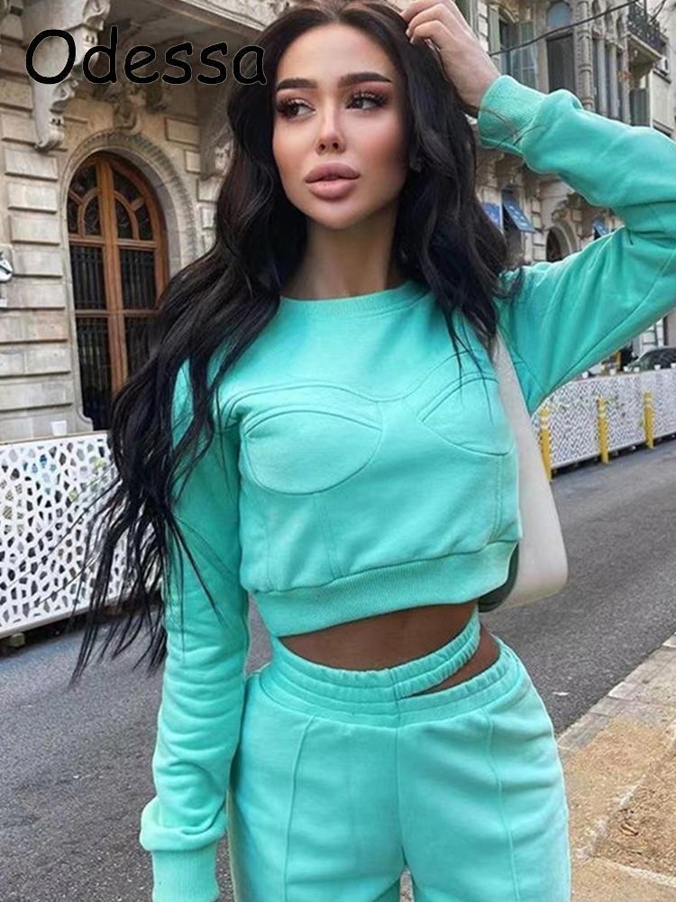 Odessa Autumn Solid Two Piece Set Women's Outfits Fashion O Neck Long Sleeve Crop TopsHollow Out Casual Pants Suits Sporty Suit 220817