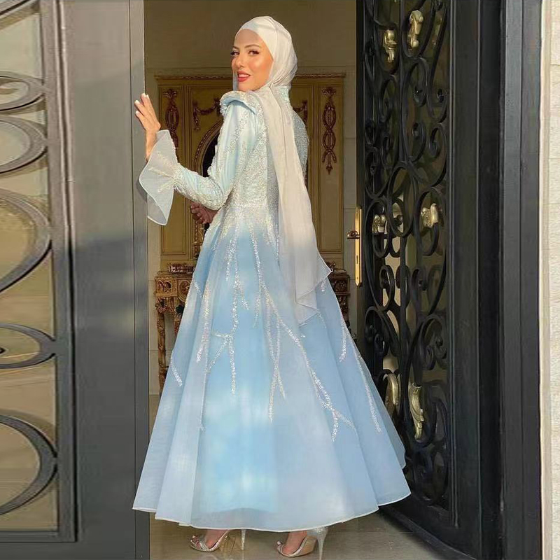 sky Blue Muslim Prom Dresses High Collar Long Sleeve Beading Arabic Dubai Evening Party Gowns Organza Formal Wear