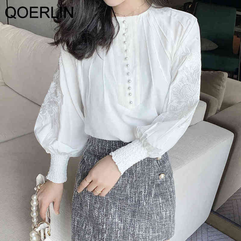 QoerliN Embroidered Blouse Women Elegant Lantern Sleeve White Blouse OL Stylish Pearl Decor Chiffon ChicShirts Plus Size 210412